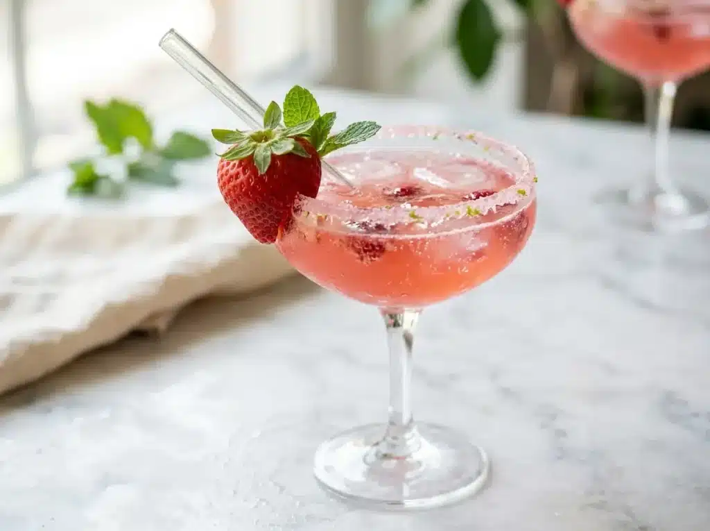 Pink Drink Recipe: 1 Easy Starbucks Copycat at Home 18 Pink drink glass with straw and strawberry garnish
