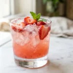 Pink drink in a glass with ice and fresh strawberry slices