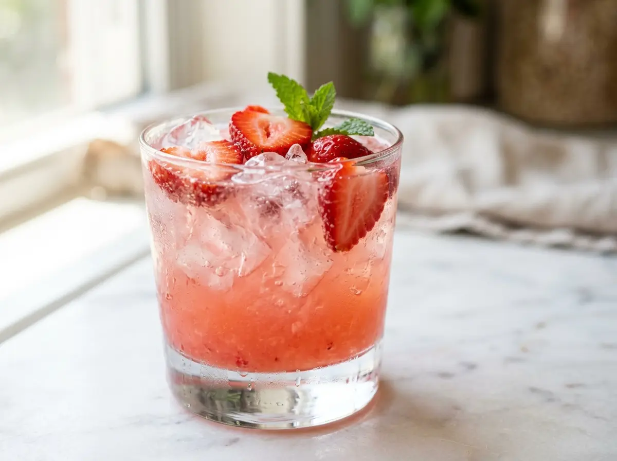 Pink drink in a glass with ice and fresh strawberry slices