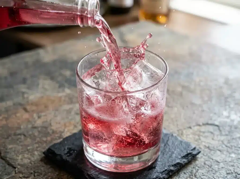 Pink Drink Recipe: 1 Easy Starbucks Copycat at Home 14 Pouring pink drink over ice in a clear glass