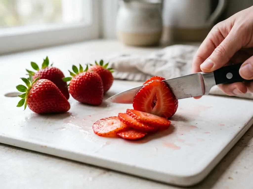 Pink Drink Recipe: 1 Easy Starbucks Copycat at Home 11 Slicing fresh strawberries for pink drink recipe