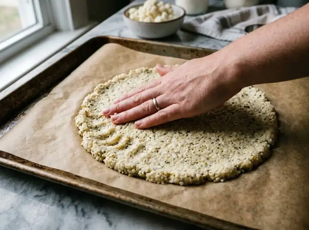 Forming cauliflower crust for turkey pepperoni cauliflower pizza