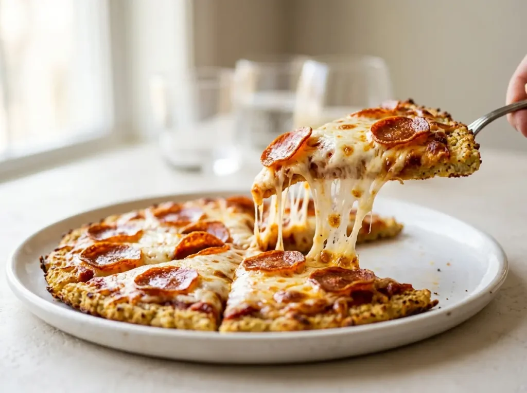 Current image: Turkey pepperoni cauliflower pizza slice with melted cheese