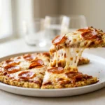 Turkey pepperoni cauliflower pizza slice with melted cheese