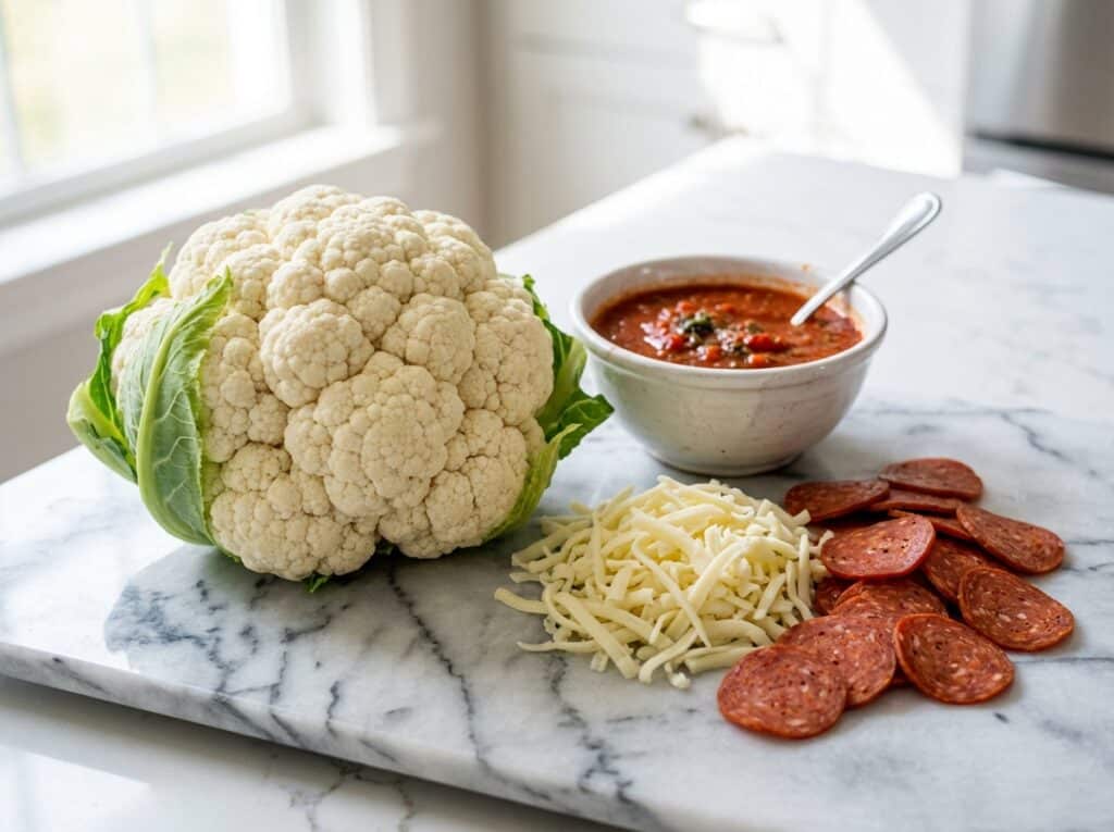 Cauliflower, turkey pepperoni, and cheese for turkey pepperoni cauliflower pizza