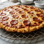 Whole baked turkey pepperoni cauliflower pizza with golden crust