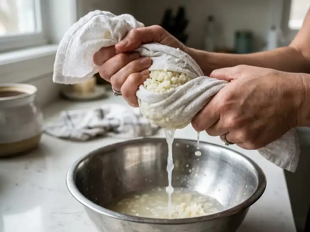 Squeezing moisture from cauliflower for turkey pepperoni cauliflower pizza