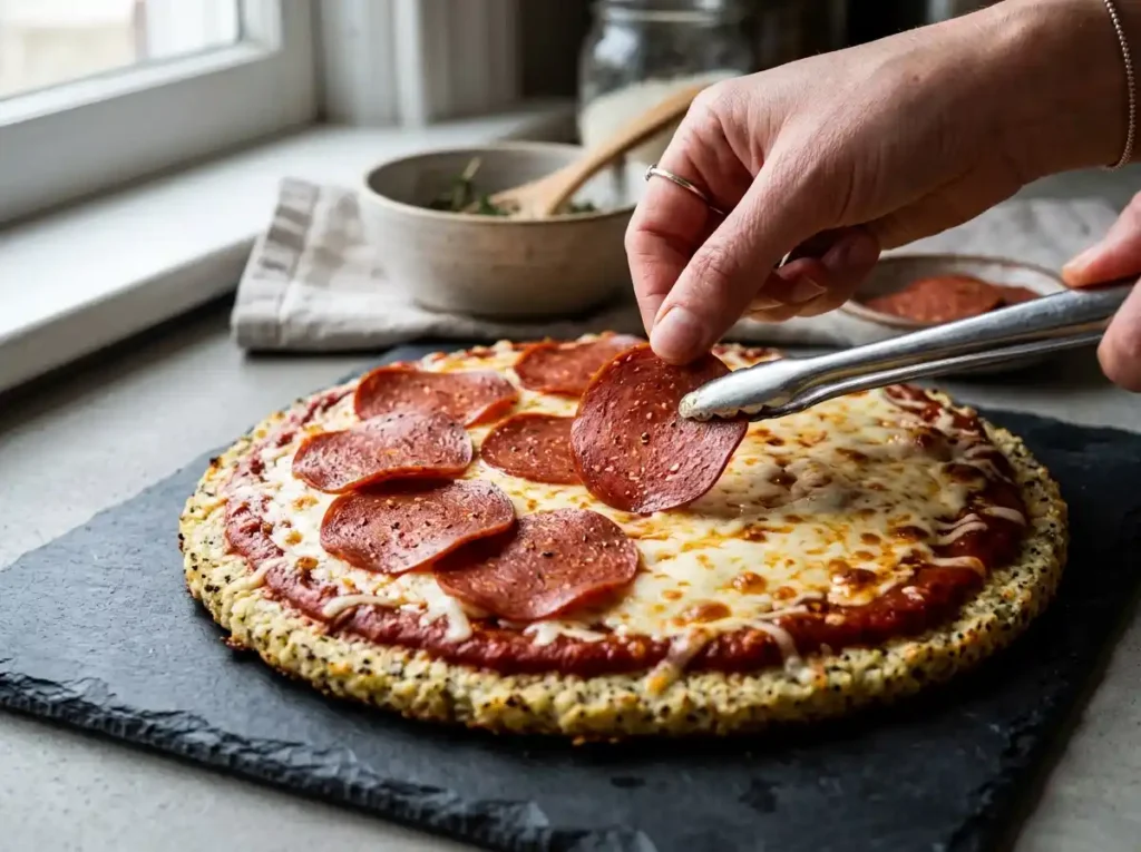 Topping turkey pepperoni cauliflower pizza before final bake