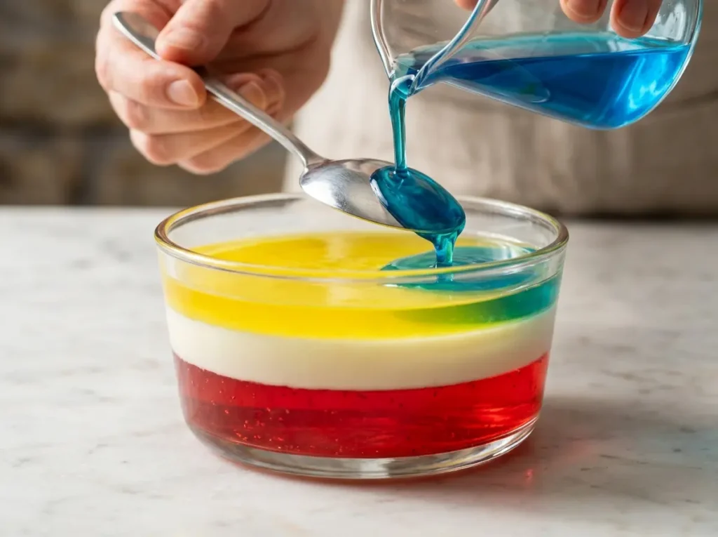 Layered Jello: 5 Easy Steps for Beautiful Rainbow Bars 15 Adding blue gelatin over lemon and white layers for layered jello
