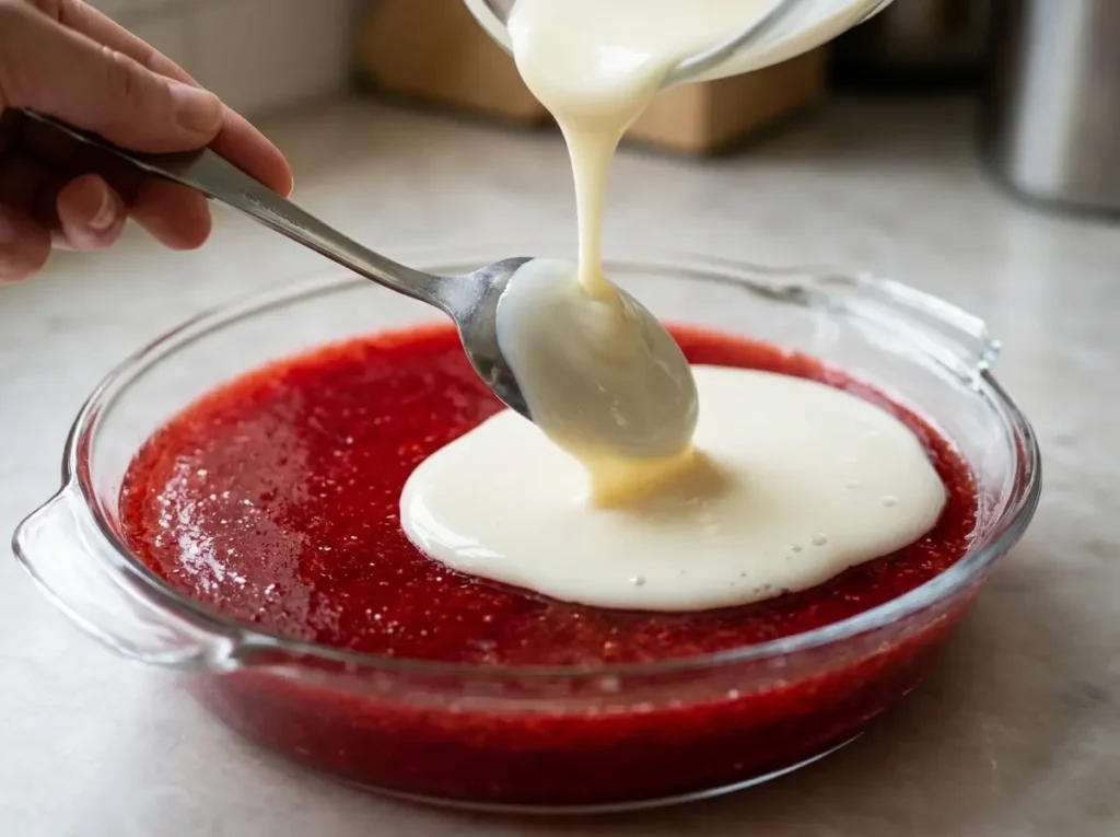 Layered Jello: 5 Easy Steps for Beautiful Rainbow Bars 14 Adding white condensed milk layer over strawberry gelatin for layered jello