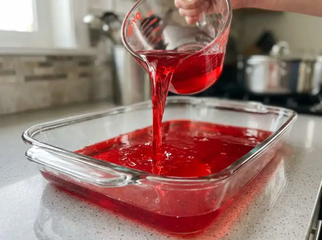 Layered Jello: 5 Easy Steps for Beautiful Rainbow Bars 12 Pouring strawberry gelatin as the first layer for layered jello