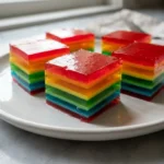 Layered Jello: 5 Easy Steps for Beautiful Rainbow Bars 16 Layered jello squares with five colorful stripes on a white plate