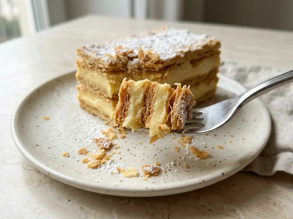 Napoleon Cake Recipe: 1 Easy Russian Puff Pastry Classic 20 Napoleon cake slice showing puff pastry and custard layers