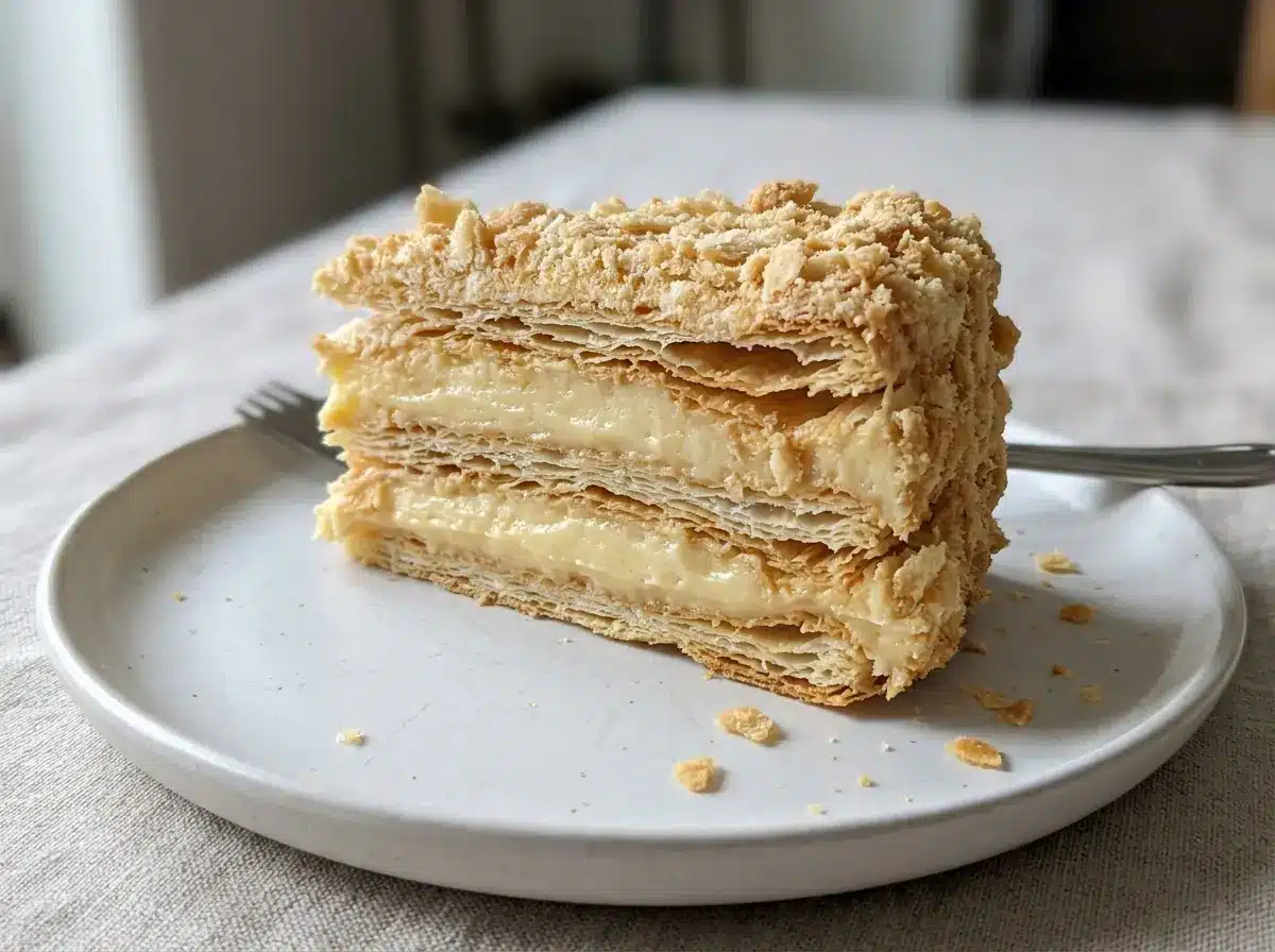 Napoleon cake slice with puff pastry layers and vanilla custard